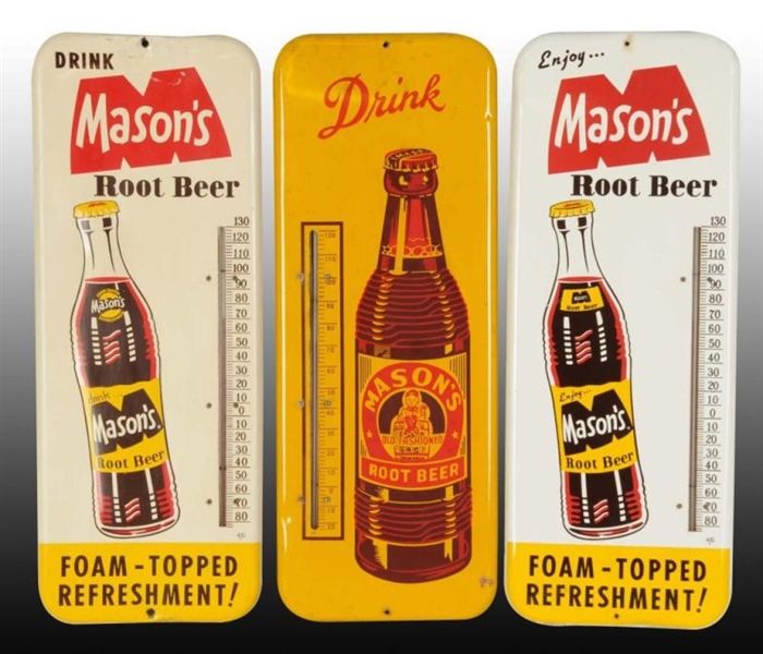 LOT OF 3: MASONS ROOT BEER TIN THERMOMETERS.     
