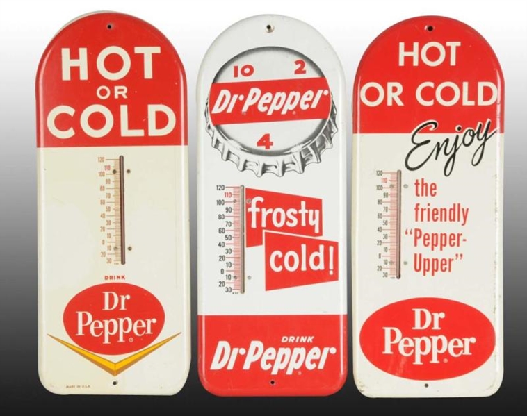 LOT OF 3: ASSORTED DR. PEPPER TIN THERMOMETERS.   
