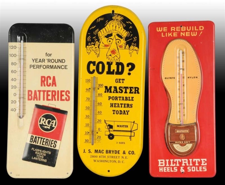 LOT OF 3: ASSORTED TIN THERMOMETERS.              