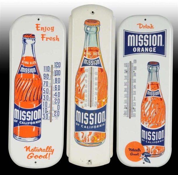 LOT OF 3: MISSION ORANGE TIN THERMOMETERS.        