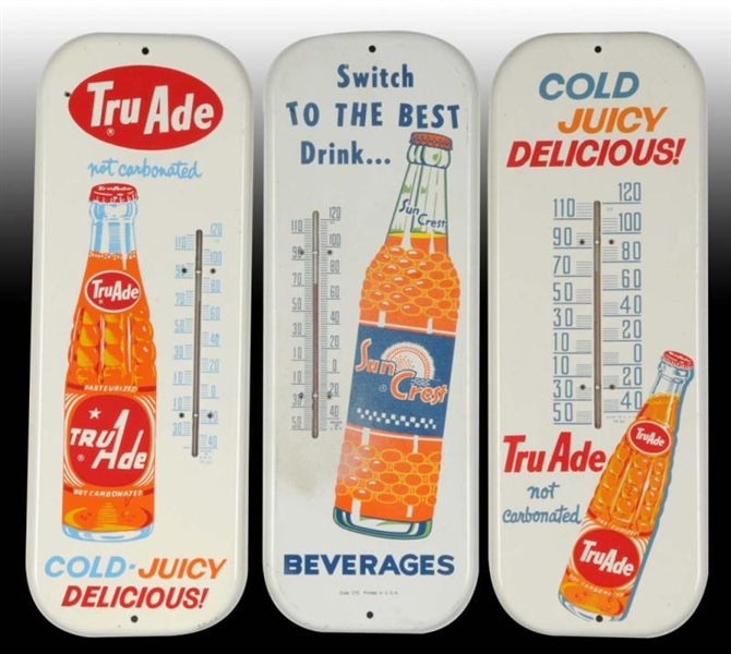 LOT OF 3: ASSORTED SODA TIN THERMOMETERS.         