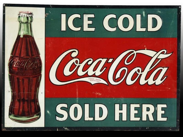 COCA-COLA EMBOSSED TIN LITHO SIGN WITH 1916 BOTTLE