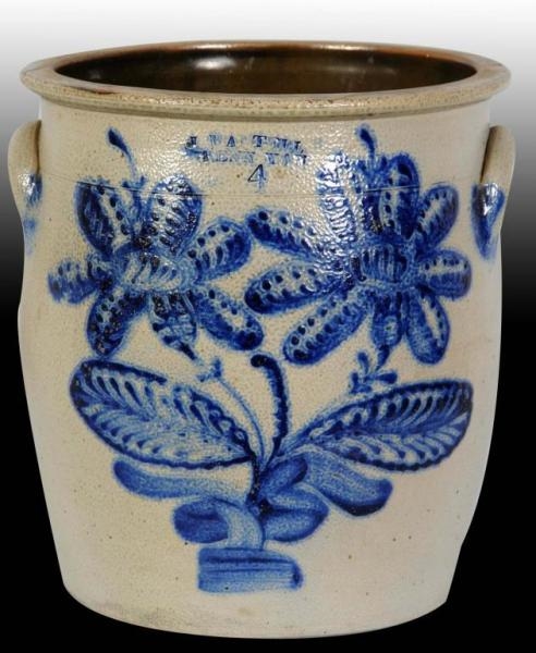 STONEWARE 2-HANDLED CROCK WITH FLOWERS.           