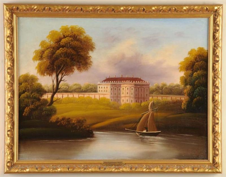 OIL ON CANVAS PRIMITIVE VIEW OF THE WHITE HOUSE.  