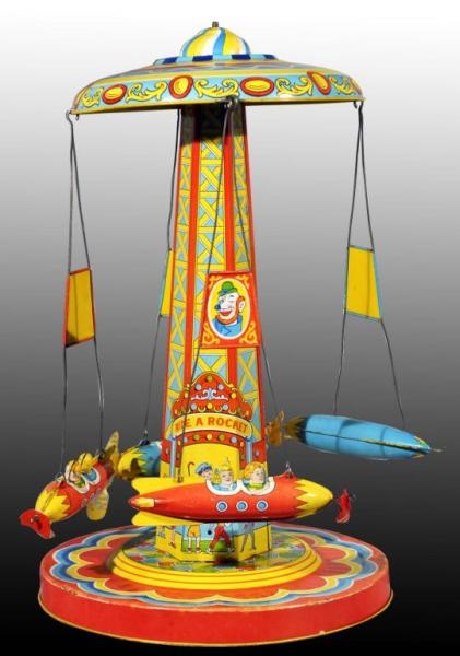 LITHOGRAPHED TIN CHEIN RIDE-A-ROCKET WIND-UP TOY. 