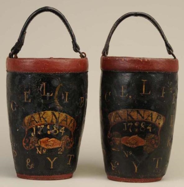LOT OF 3: TWO LEATHER FIRE BUCKETS & CANVAS COVER.