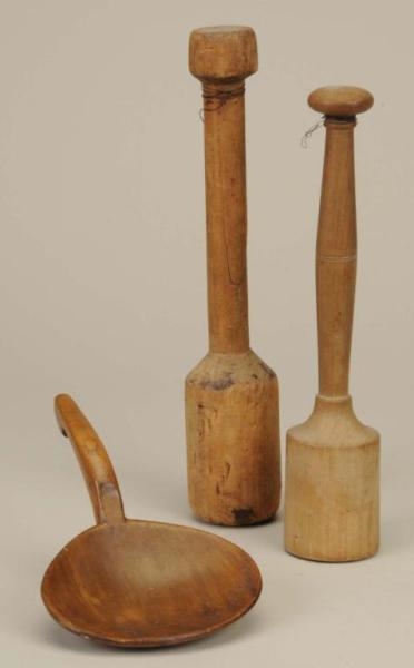 LOT OF 3: TWO WOODEN MASHERS & SCOOP.             
