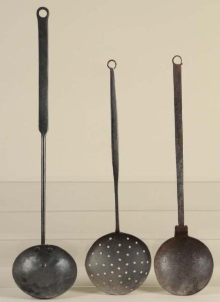 LOT OF 3: WROUGHT IRON SKIMMER & TWO LADLES.      