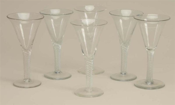 LOT OF 6: COLORLESS GLASS AIR TWIST WINES.        
