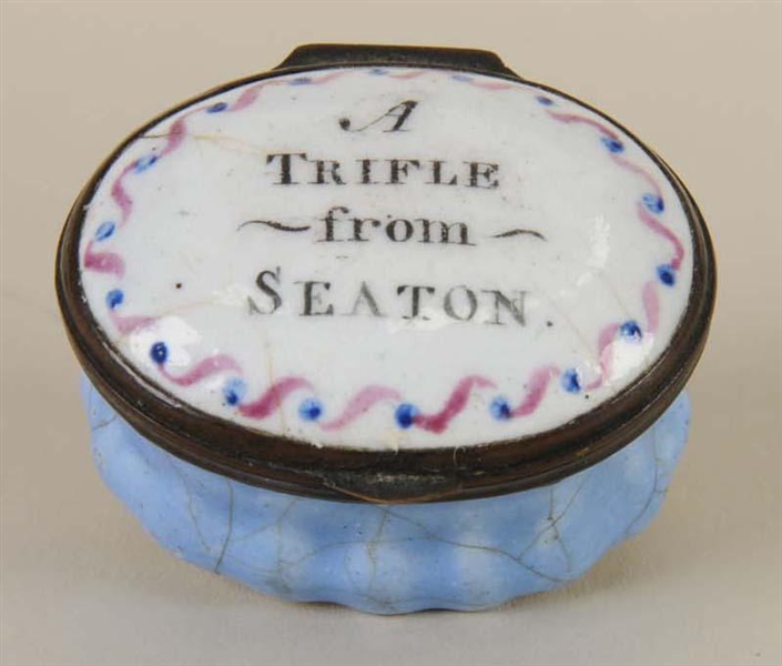 BATTERSEA ENAMELED BOX "A TRIFLE FROM SEATON".    