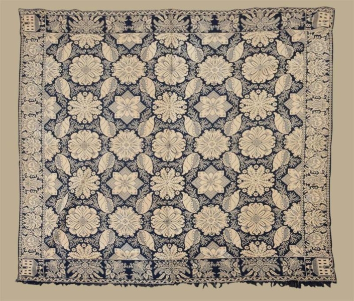 TWO-PIECE BLUE AND WHITE OVERSHOT COVERLET.       