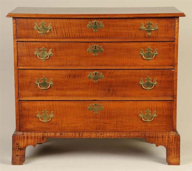 NEW ENGLAND CHIPPENDALE TIGER MAPLE CHEST.        