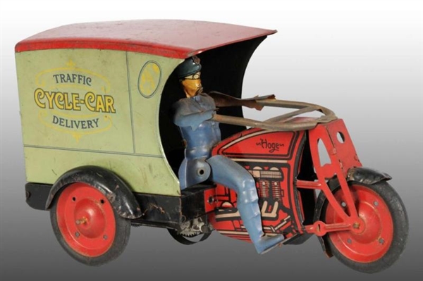 TIN HOGE MOTORCYCLE DELIVERY WIND-UP TOY.         