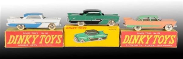 LOT OF 3: DINKY TOYS DIE-CAST PLYMOUTH CARS IN OB 