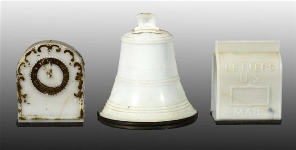 LOT OF 3: MILK GLASS CANDY CONTAINERS/BANKS.      