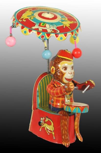 TIN MONKEY PLAYING DRUM WIND-UP TOY PARTIAL O/B   