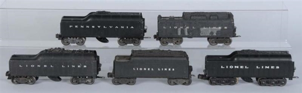 LOT OF 5: LIONEL O-GAUGE TRAIN TENDERS.           