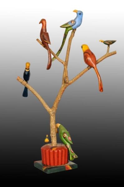 WOODEN FOLK ART BIRDS ON TREE.                    