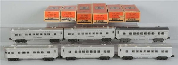 LOT OF 6: LIONEL O-27 SILVER PASSENGER CARS IN OB 