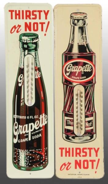 LOT OF 2: EMBOSSED TIN GRAPETTE THERMOMETERS.     