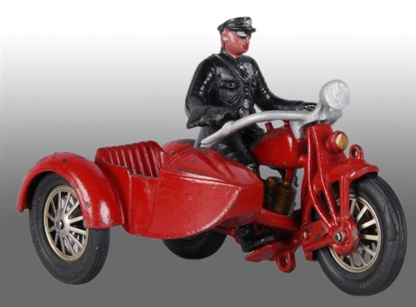 CAST IRON HUBLEY SIDECAR MOTORCYCLE TOY.          