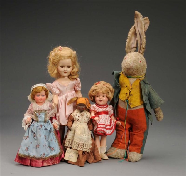 LOT OF 4: COLLECTIBLE DOLLS AND A BUNNY.          