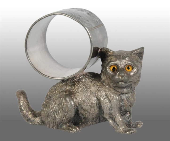 LARGE CAT WITH GLASS EYES FIGURAL NAPKIN RING.    
