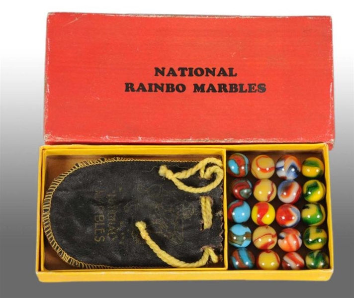 NO. 220 NATIONAL RAINBOW MARBLES BOX & BAG.       