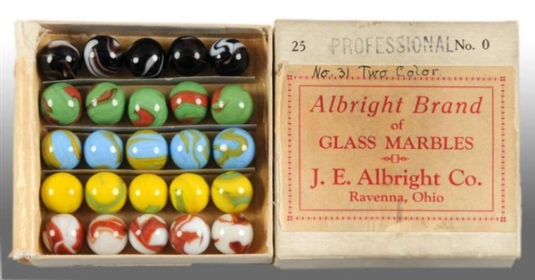 GLASS ALBRIGHT BRAND MARBLE BOX WITH MARBLES.     