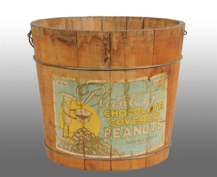 WOODEN PLANTERS CHOCOLATE COVERED PEANUT BUCKET.  