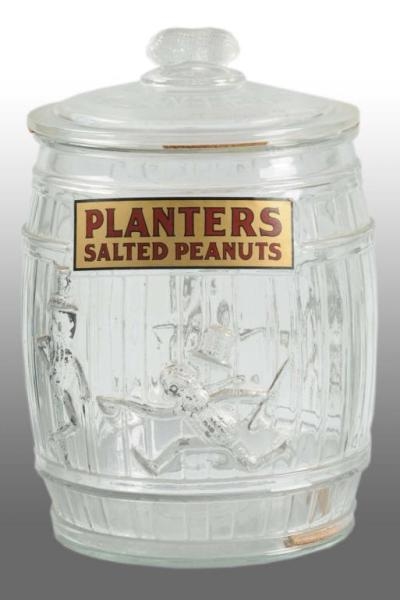 GLASS PLANTERS PEANUT MR. PEANUT BARREL JAR.      
