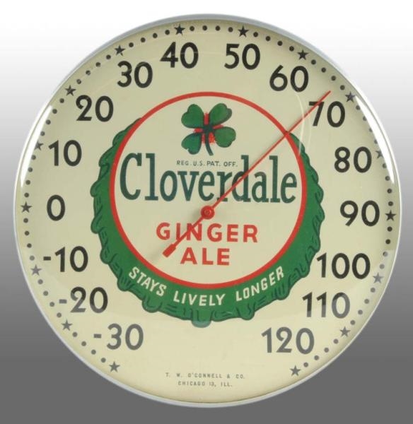 CLOVERDALE GINGER ALE ROUND THERMOMETER.          