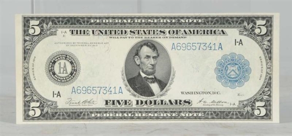 1914 $5.00 FEDERAL RESERVE NOTE.                  