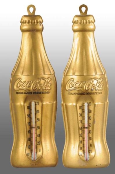 LOT OF 2: COCA-COLA GOLD BOTTLE THERMOMETERS.     