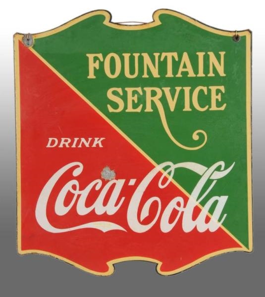 PORCELAIN COCA-COLA 2-SIDED FOUNTAIN SERVICE SIGN.