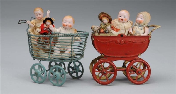 LOT OF SMALL ALL BISQUE DOLLS & CARRIAGES.        