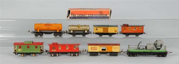 LOT OF 10: METAL LIONEL O-GAUGE FREIGHT CARS.     