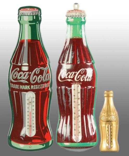 LOT OF 3: ASSORTED COCA-COLA BOTTLE THERMOMETERS. 