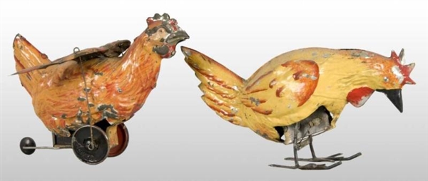 LOT OF 2: TIN HAND-PAINTED WIND-UP ROOSTER TOYS.  