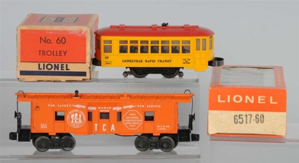 LOT OF 2: LIONEL RAPID TRANSIT TROLLEY & CABOOSE. 