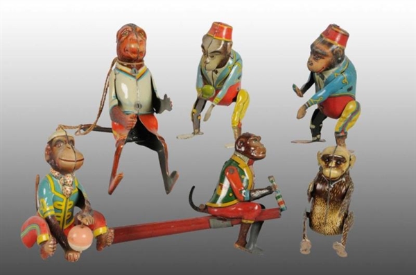 LOT OF 6: TIN MONKEY WIND-UP & BLOW TOYS.         