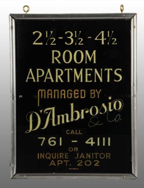 REVERSE-ON-GLASS DAMBROSIO CO. APARTMENTS SIGN.  