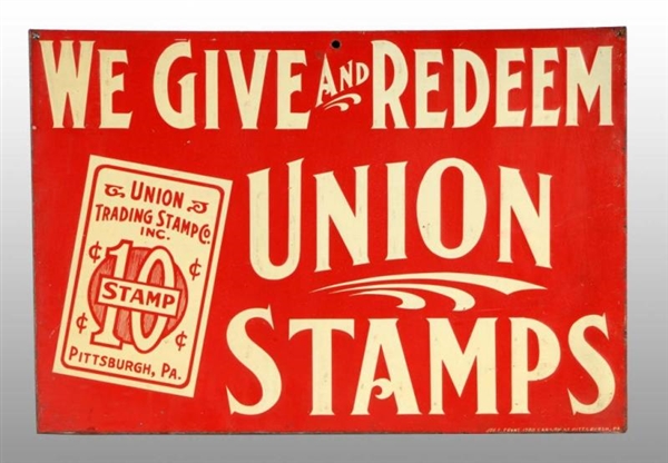 EMBOSSED TIN UNION STAMPS SIGN.                   