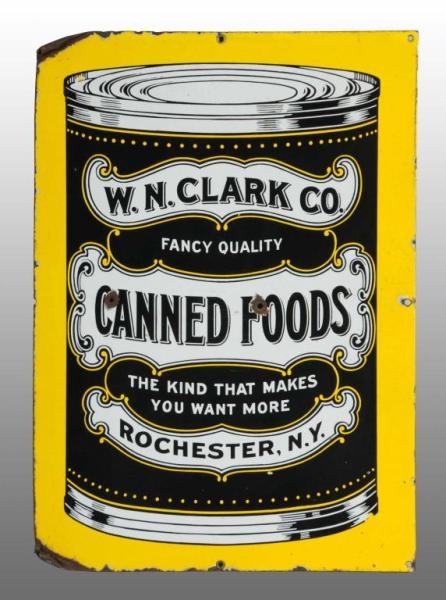 PORCELAIN CLARK CANNED FOODS SIGN.                
