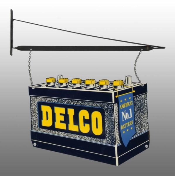 HEAVY TIN DELCO 2-SIDED DIE-CUT SIGN WITH BRACKET.