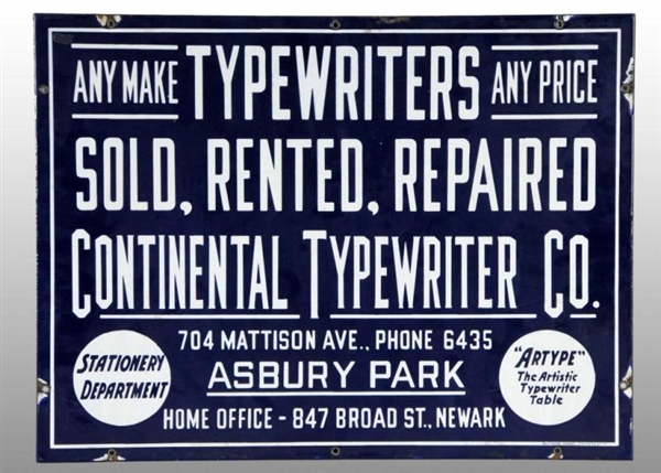 PORCELAIN CONTINENTAL TYPEWRITER COMPANY SIGN.    