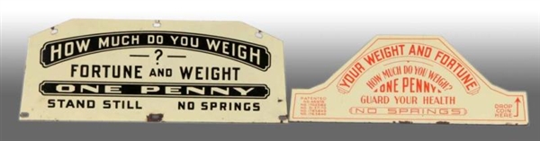 LOT OF 2: PORCELAIN SCALE TOPPER SIGNS.           