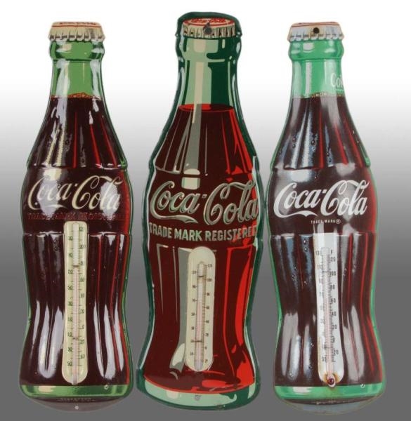 LOT OF 3: TIN COCA-COLA THERMOMETERS.             