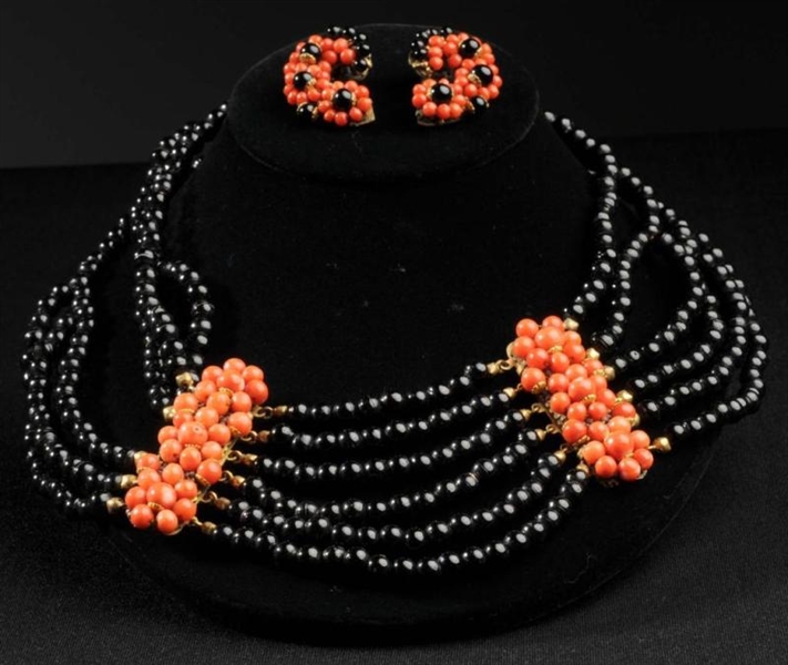 SIGNED ITALY CORAL NECKLACE & EARRINGS.           