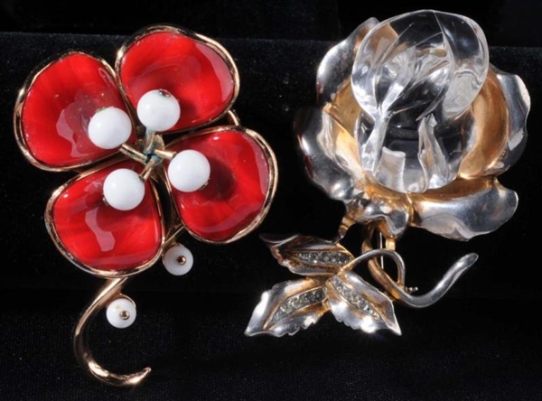 SIGNED TRIFARI FLOWER & UNSIGNED LUCITE ROSE PINS.